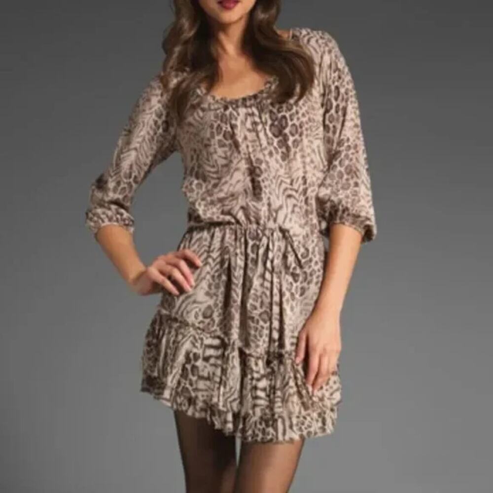 Rebecca‎ Taylor Dress Womens 2 Silk Shirred hem Mini Animal Print Balloon Sleeve